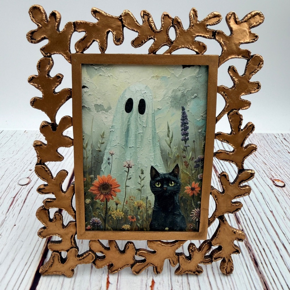 Ghost and Black Cat Decoupage Art in Gold Ornate Branch Frame Halloween Decor